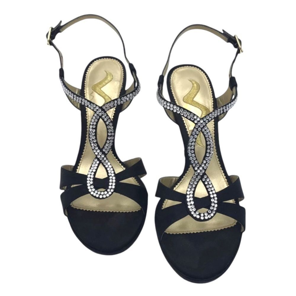 Nina Grayson High Heeled Black Dressy Strappy Rhinestone Open Toe | Size 8